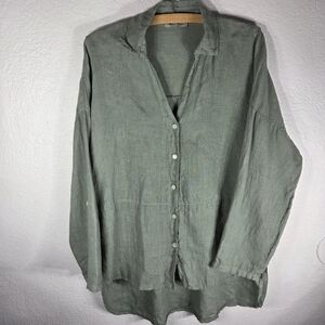 Meo Meli Made In ItalyXL Olive Green Linen Button Down Roll Tab Sleeve Shirt Top